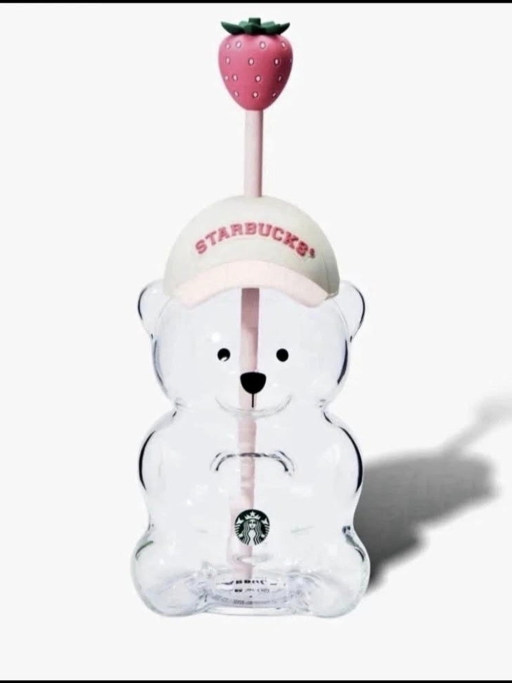 Starbucks Clear Bear Cup with Pink Strawberry Straw and Cream Cap